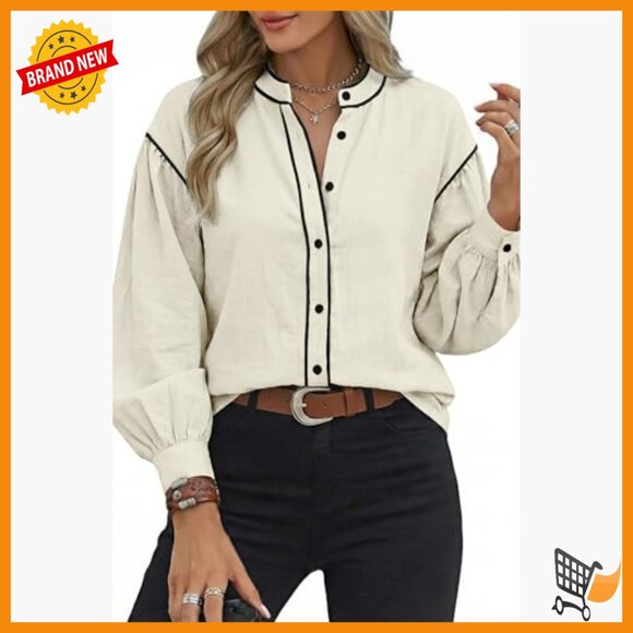 Cotton Blend Button Down Blouse Lantern Sleeves Regular Fit Office Casual - Picture 4 of 7